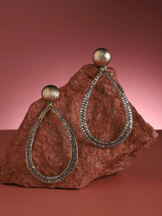 Gold-Plated Stone-Studded Teardrop-Shaped Drop Earrings