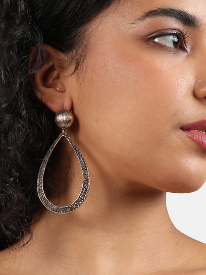 Gold-Plated Stone-Studded Teardrop-Shaped Drop Earrings