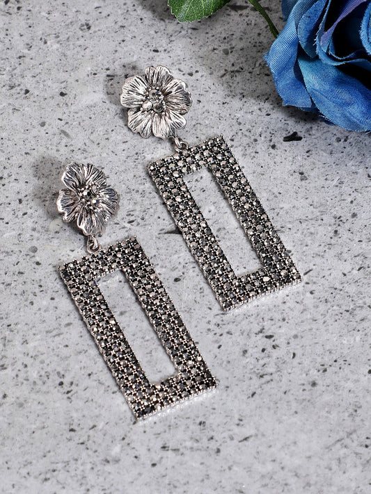 Silver-Plated Stone-Studded Floral Shaped Drop Earrings