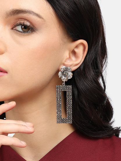 Silver-Plated Stone-Studded Floral Shaped Drop Earrings