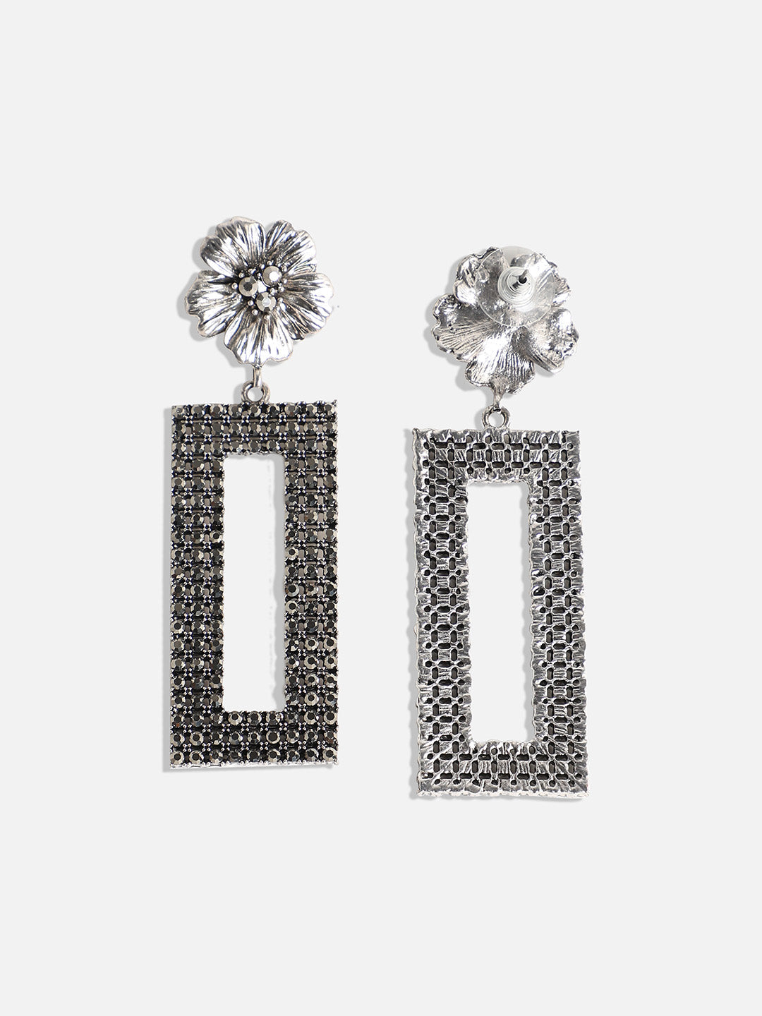 Silver-Plated Stone-Studded Floral Shaped Drop Earrings