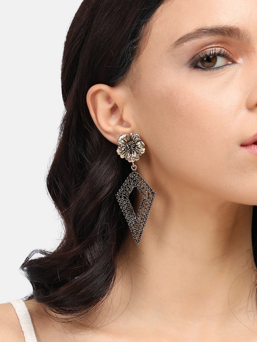 Gold Plated Stone Studded Drop Earrings