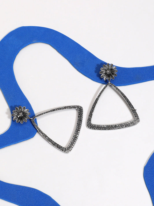 Silver-Plated Stone-Studded Triangle Drop Earrings