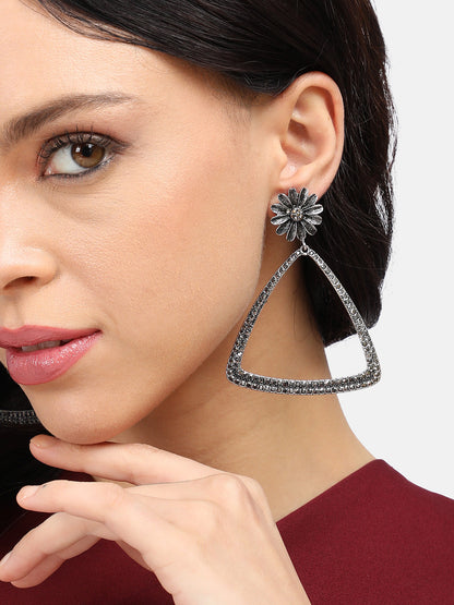Silver-Plated Stone-Studded Triangle Drop Earrings