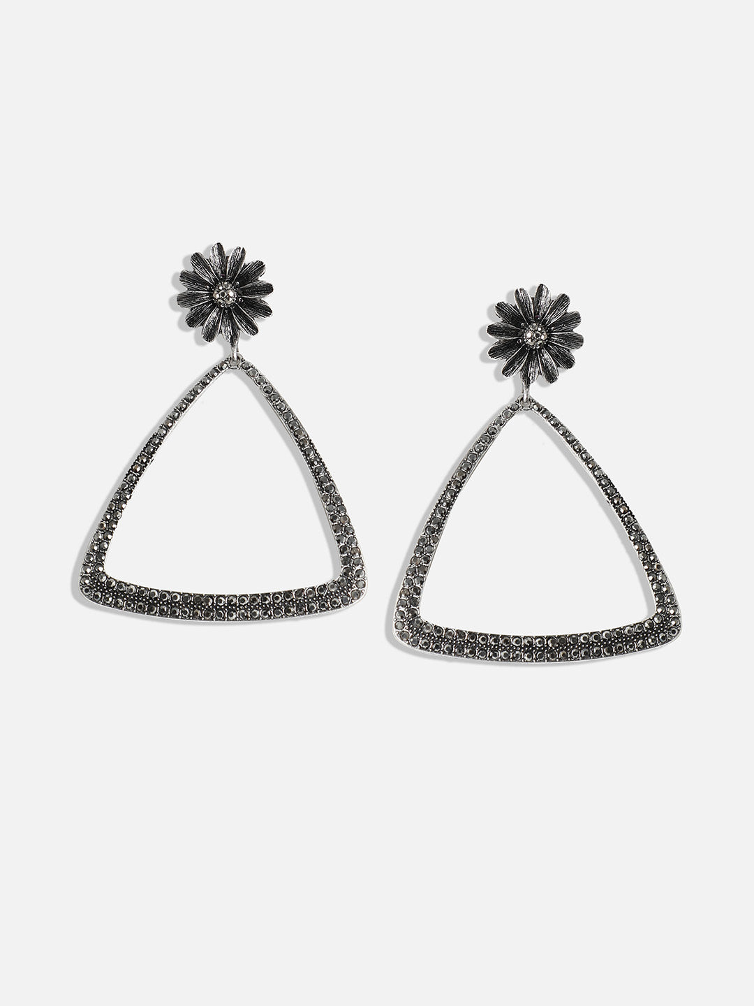 Silver-Plated Stone-Studded Triangle Drop Earrings