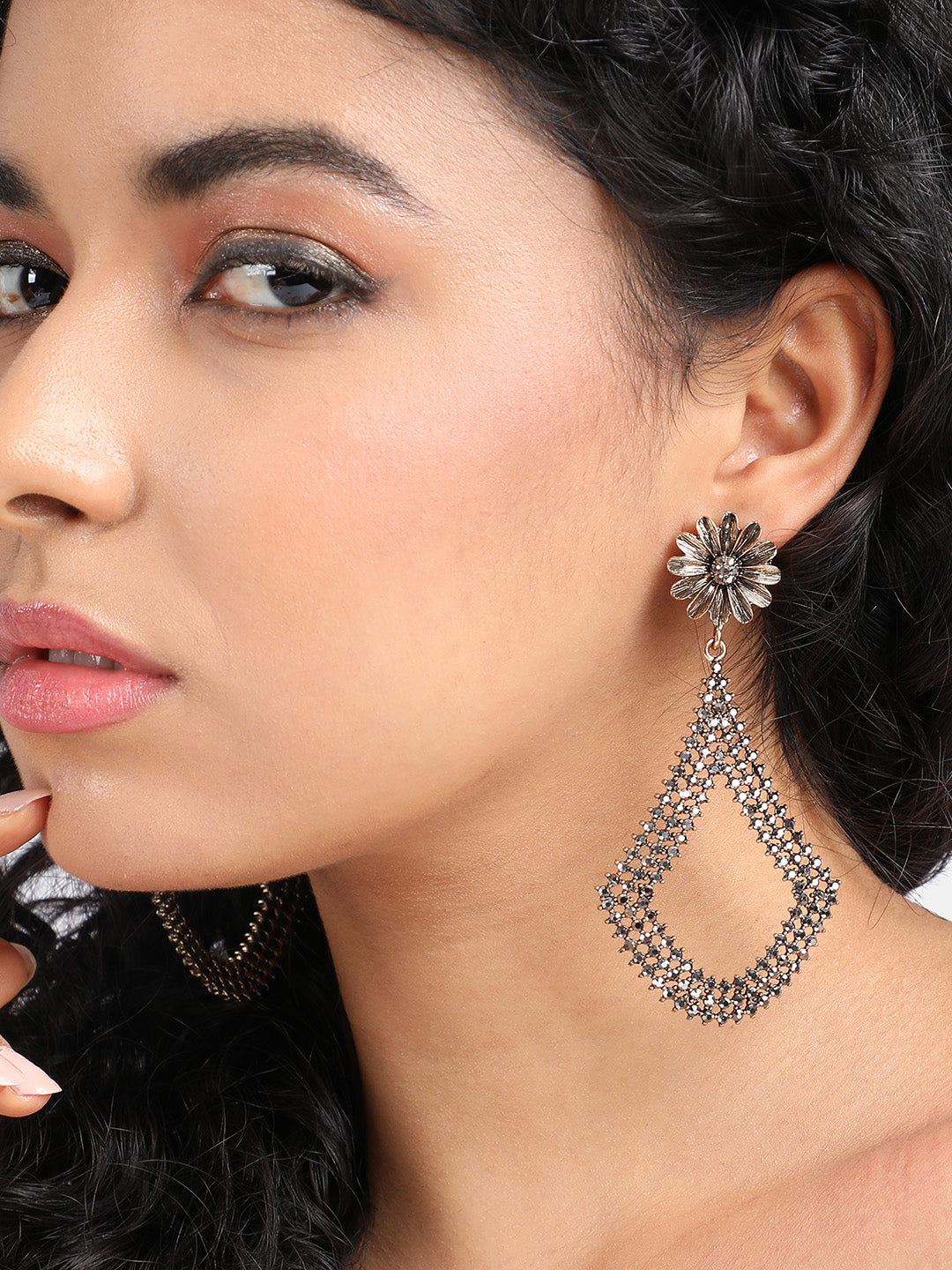 Gold-Plated Contemporary Oxidised Drop Earrings