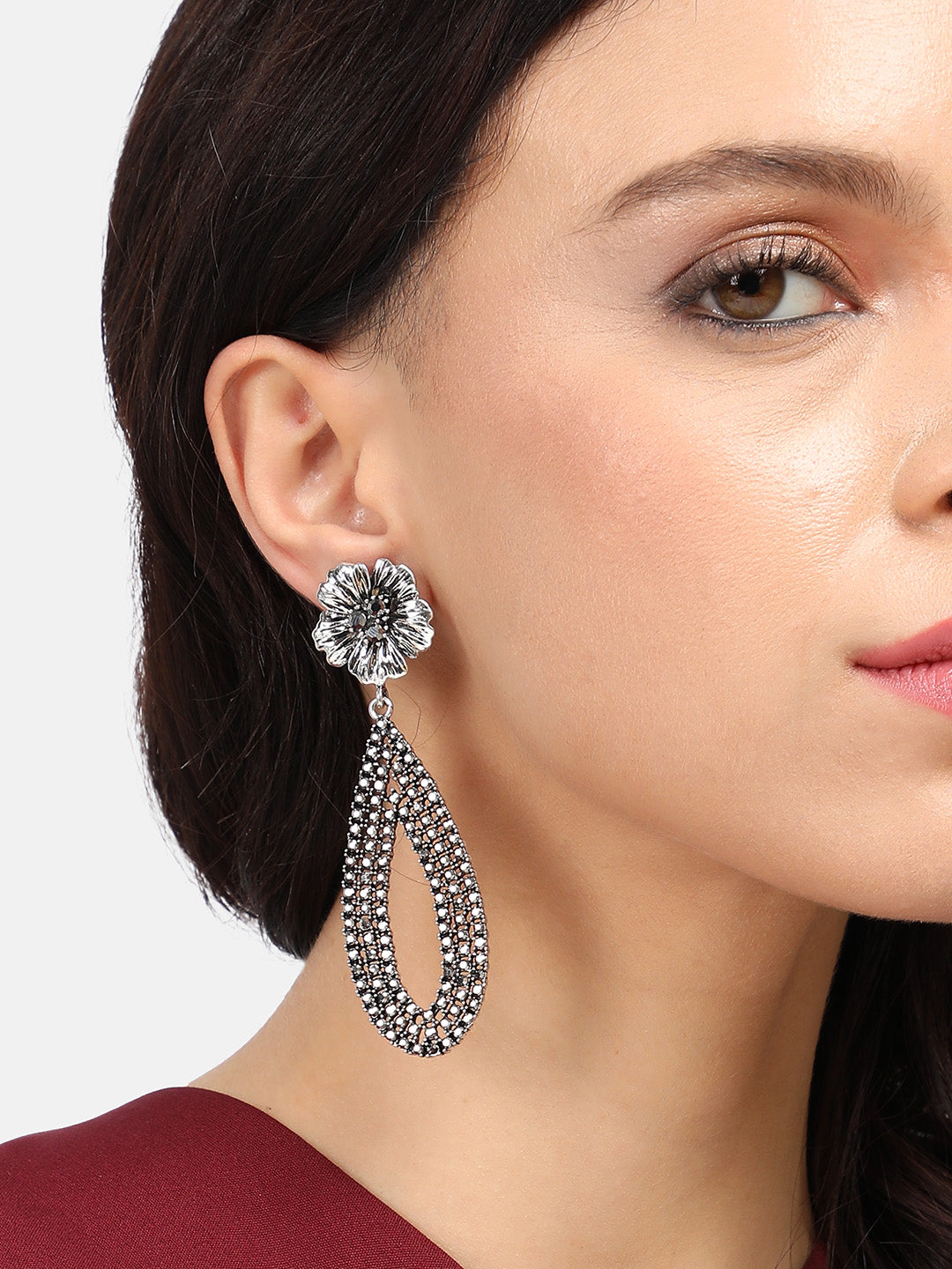 Silver-Plated Teardrop-Shaped Drop Earrings