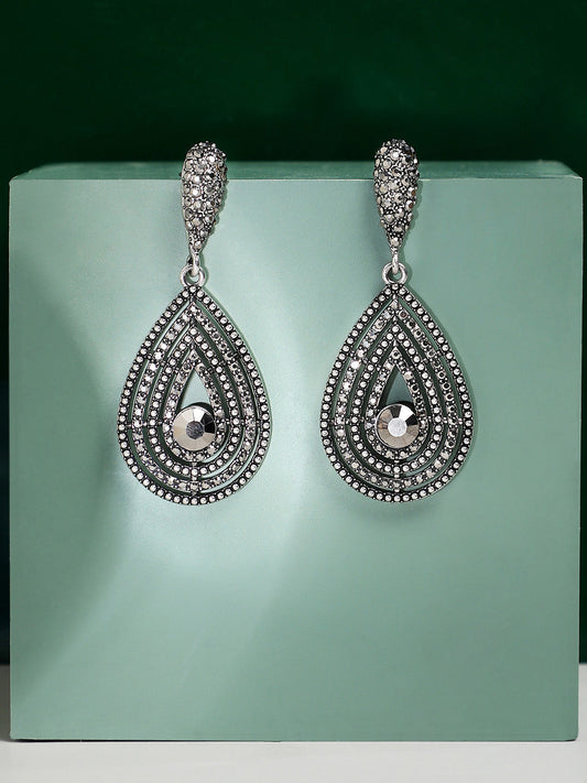 Silver-Toned Stone-Studded Teardrop Shaped Drop Earrings