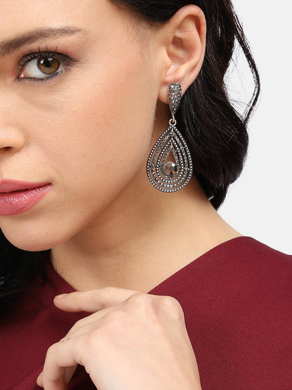 Silver-Toned Stone-Studded Teardrop Shaped Drop Earrings