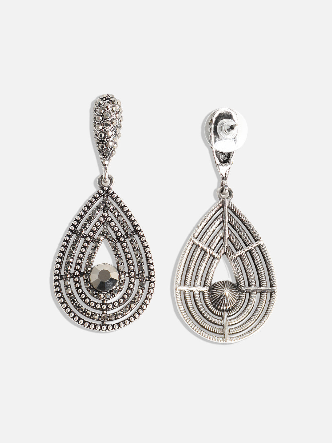 Silver-Toned Stone-Studded Teardrop Shaped Drop Earrings
