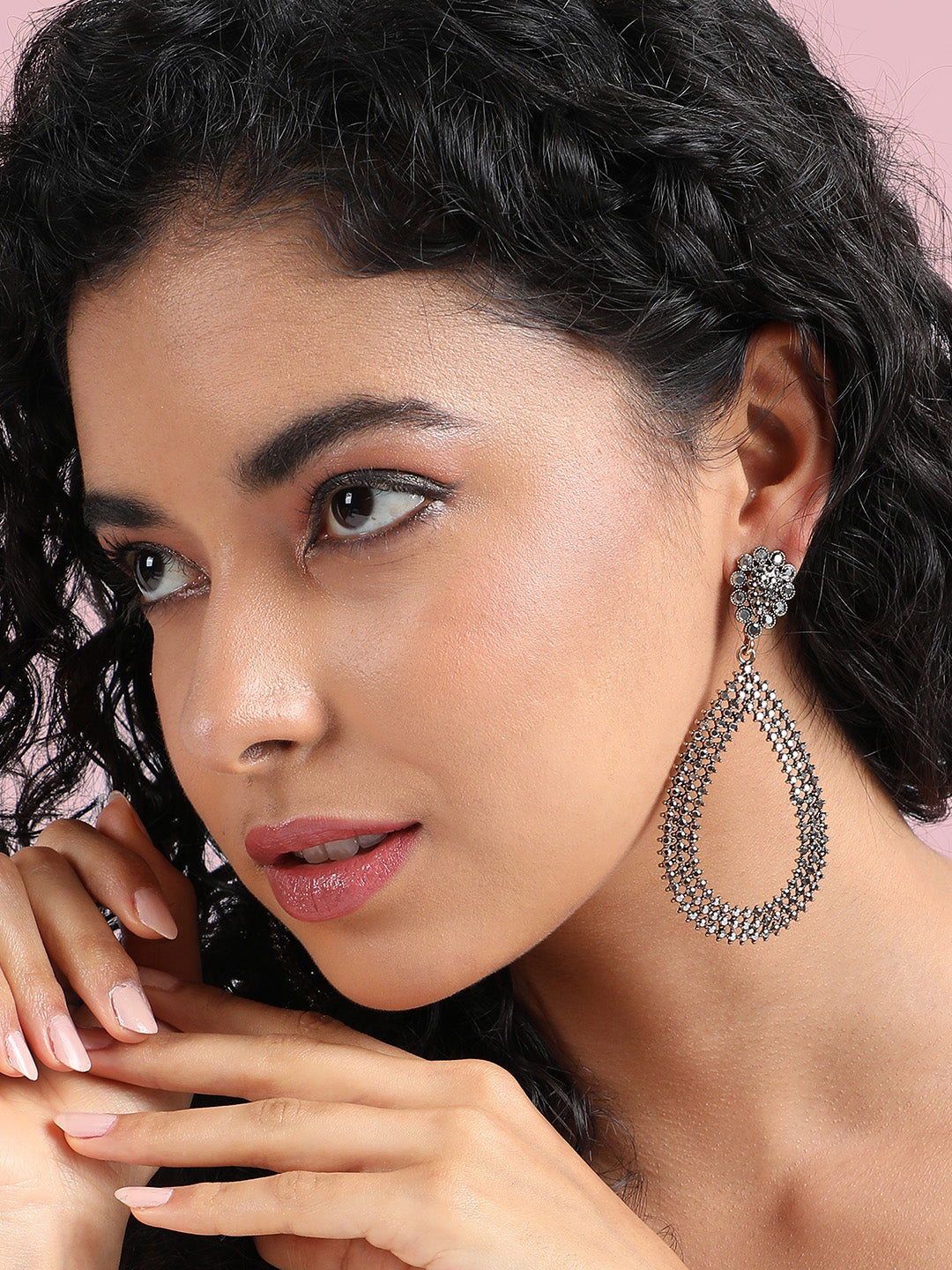 Silver-Plated Teardrop Shaped Drop Earrings