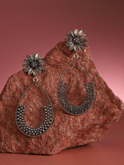 Gold-Plated Crystal Studded Floral Teardrop Shaped Drop Earrings