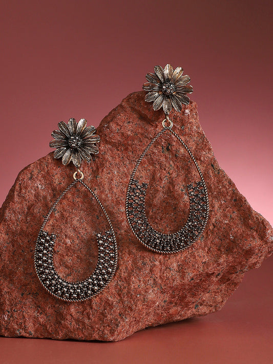 Gold-Plated Crystal Studded Floral Teardrop Shaped Drop Earrings