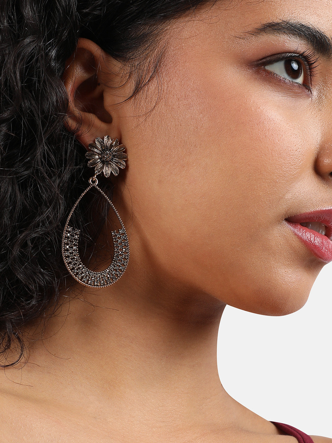 Gold-Plated Crystal Studded Floral Teardrop Shaped Drop Earrings
