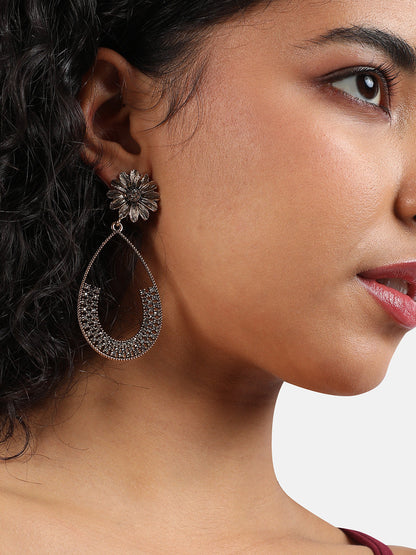 Gold-Plated Crystal Studded Floral Teardrop Shaped Drop Earrings
