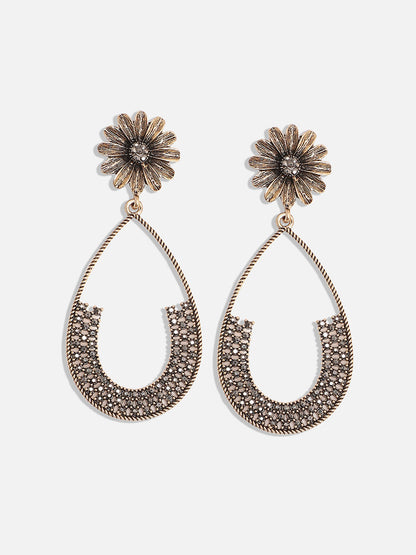 Gold-Plated Crystal Studded Floral Teardrop Shaped Drop Earrings