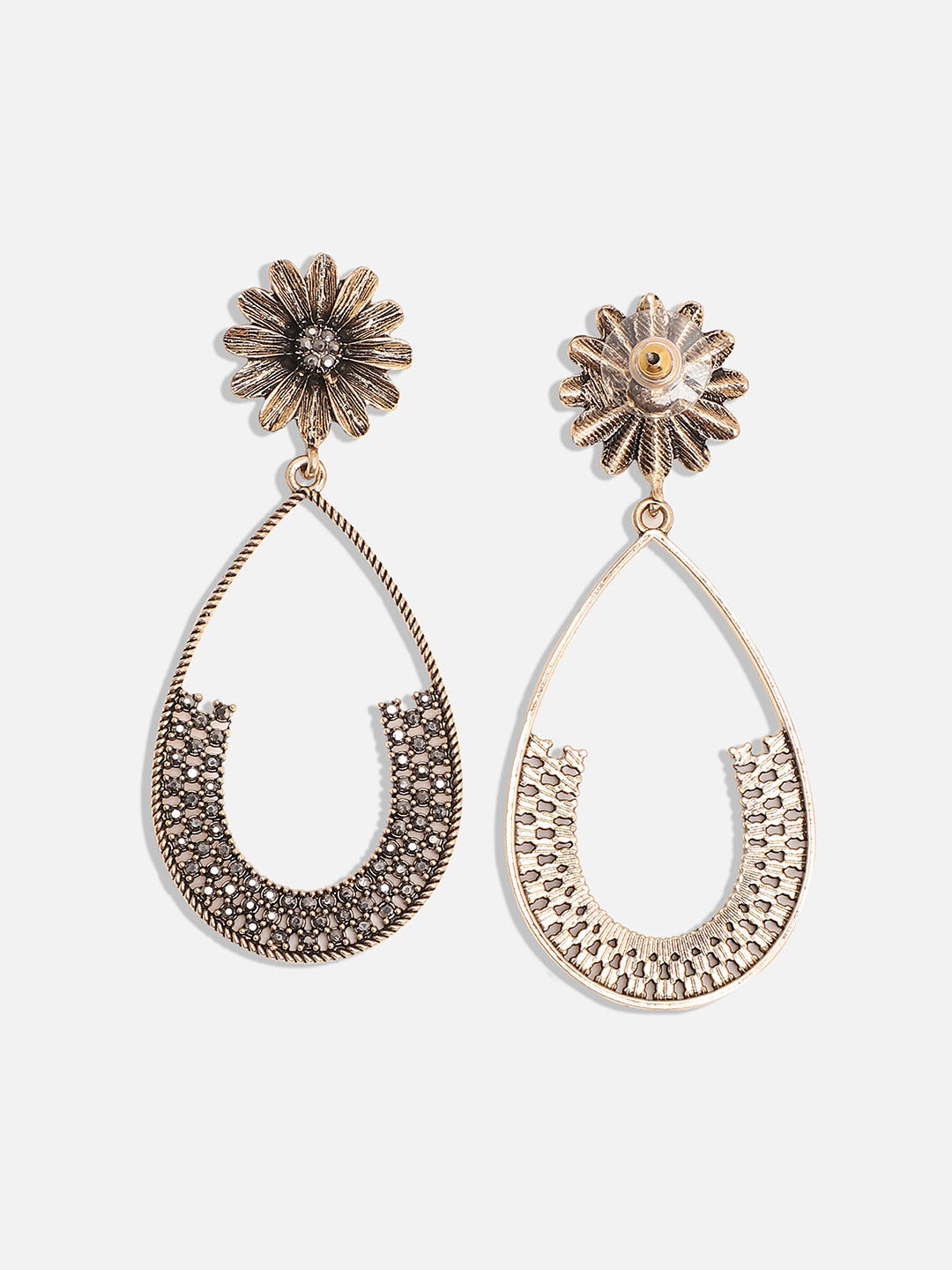 Gold-Plated Crystal Studded Floral Teardrop Shaped Drop Earrings