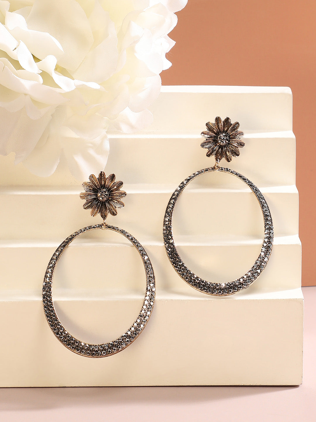 Gold-Plated Stone-Studded Contemporary Drop Earrings