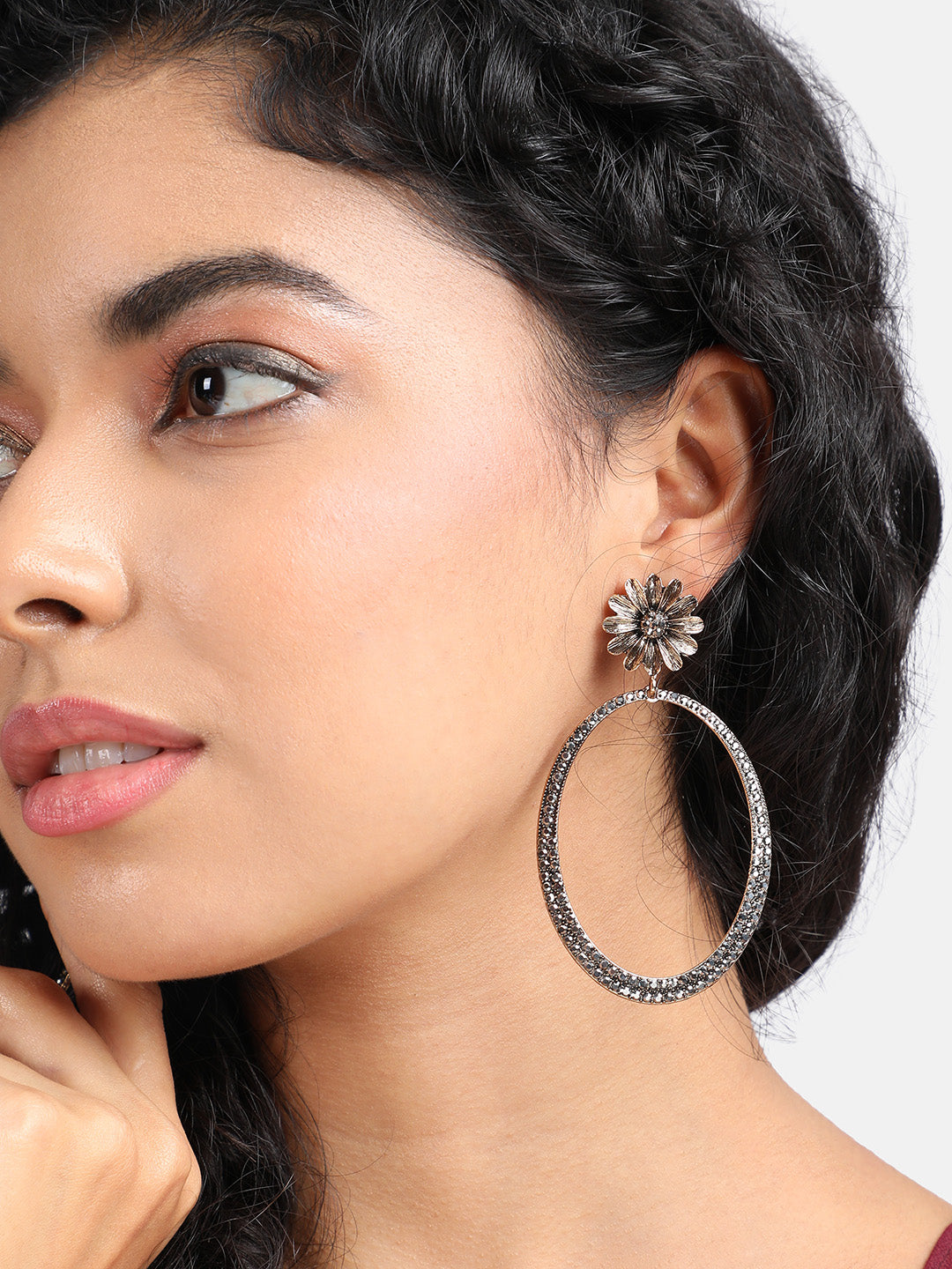 Gold-Plated Stone-Studded Contemporary Drop Earrings