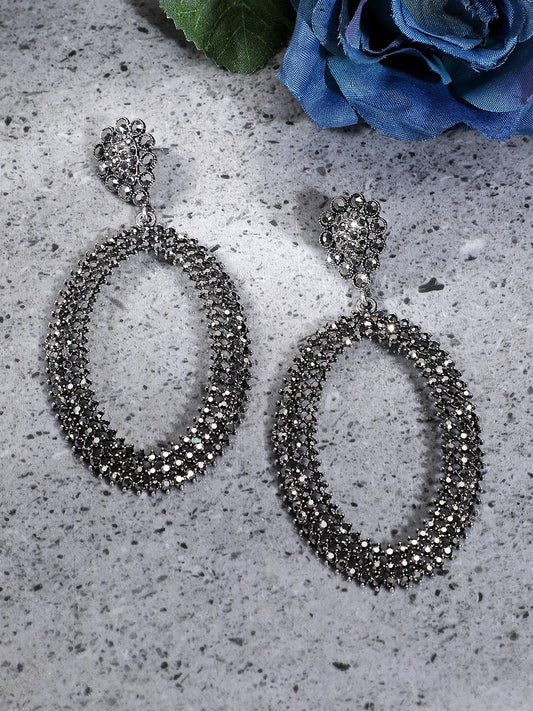 Silver-Plated Stone Studded Oval Drop Earrings