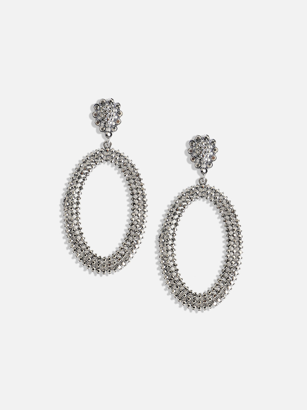 Silver-Plated Stone Studded Oval Drop Earrings