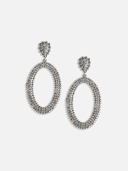 Silver-Plated Stone Studded Oval Drop Earrings