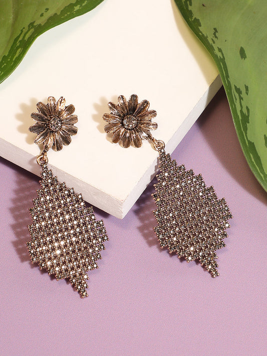 Gold-Plated Stone Studded Floral Drop Earrings