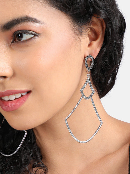 Silver-Plated Stone-Studded Contemporary Drop Earrings