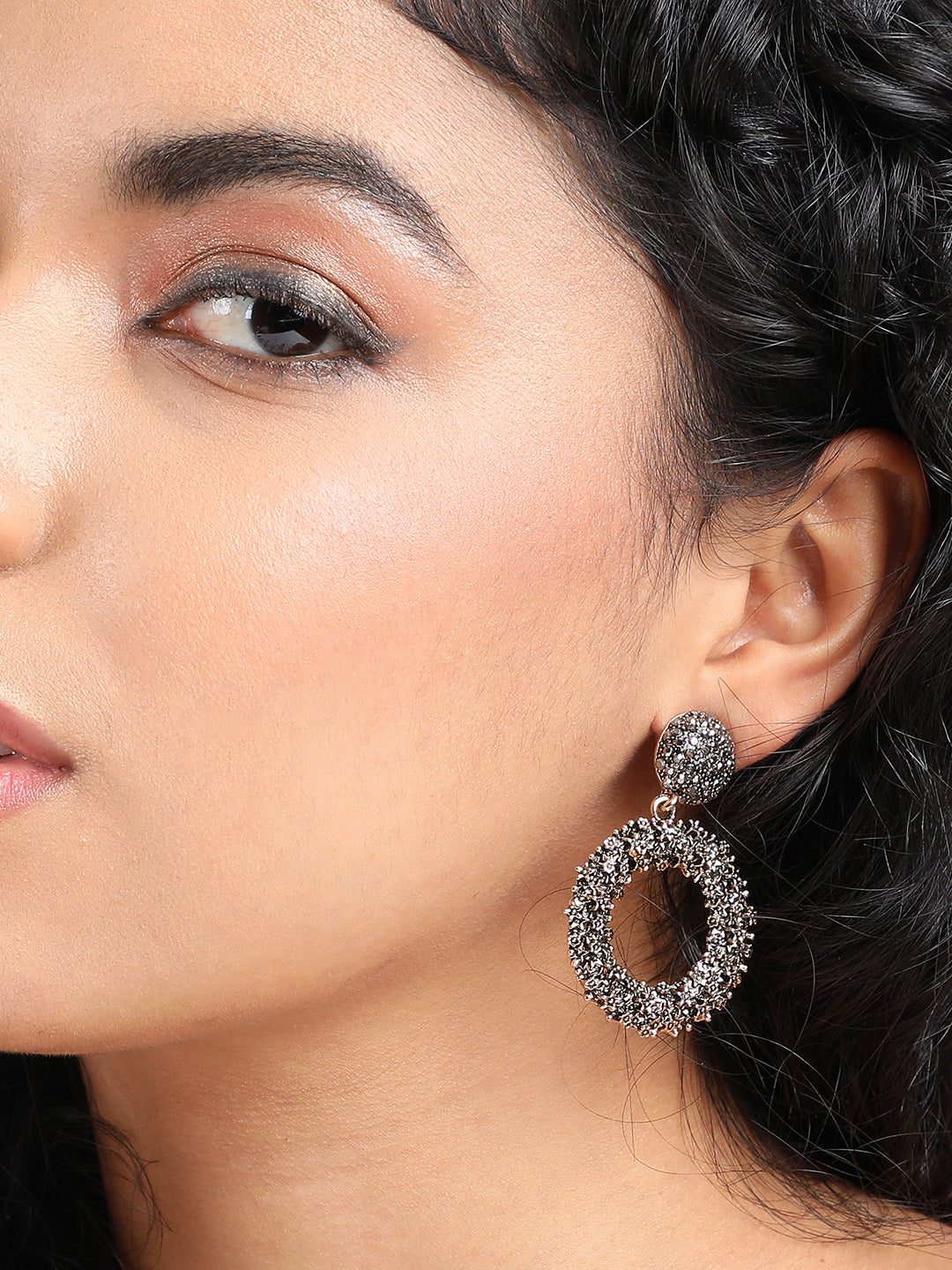 Gold-Plated Stone-Studded Circular Drop Earrings