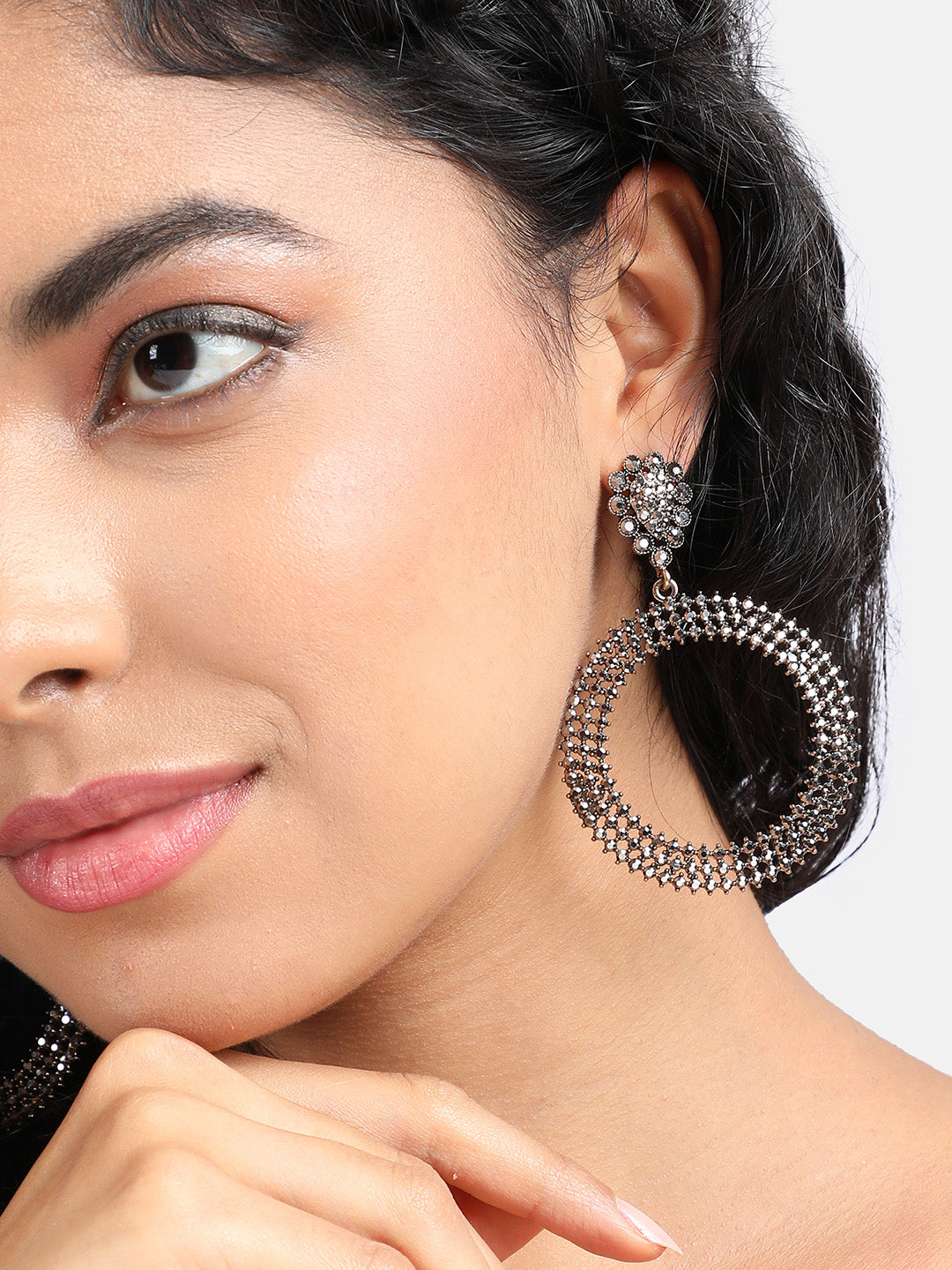 Gold-Plated Circular Stone Studded Drop Earrings