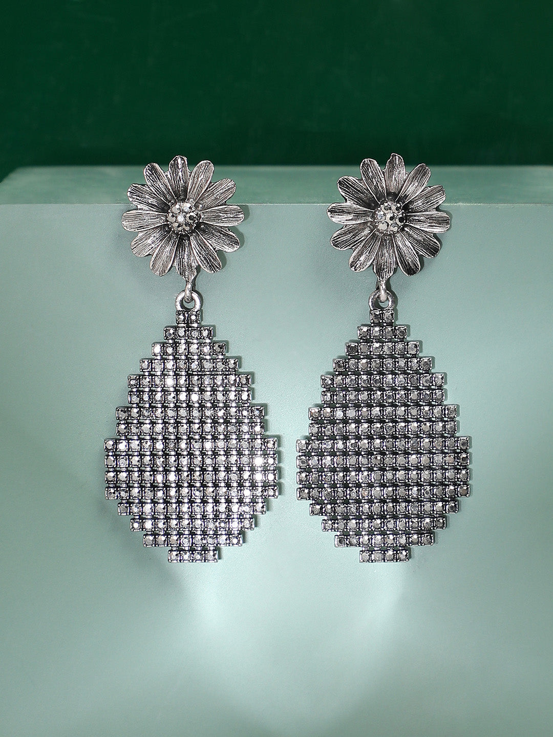 Silver-Plated Stone-Studded Teardrop-Shaped Drop Earrings