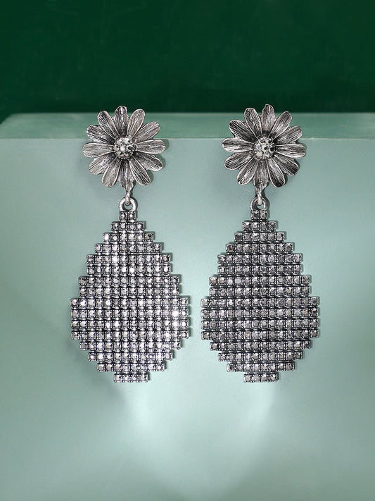 Silver-Plated Stone-Studded Teardrop-Shaped Drop Earrings