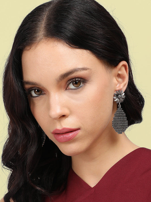 Silver-Plated Stone-Studded Teardrop-Shaped Drop Earrings