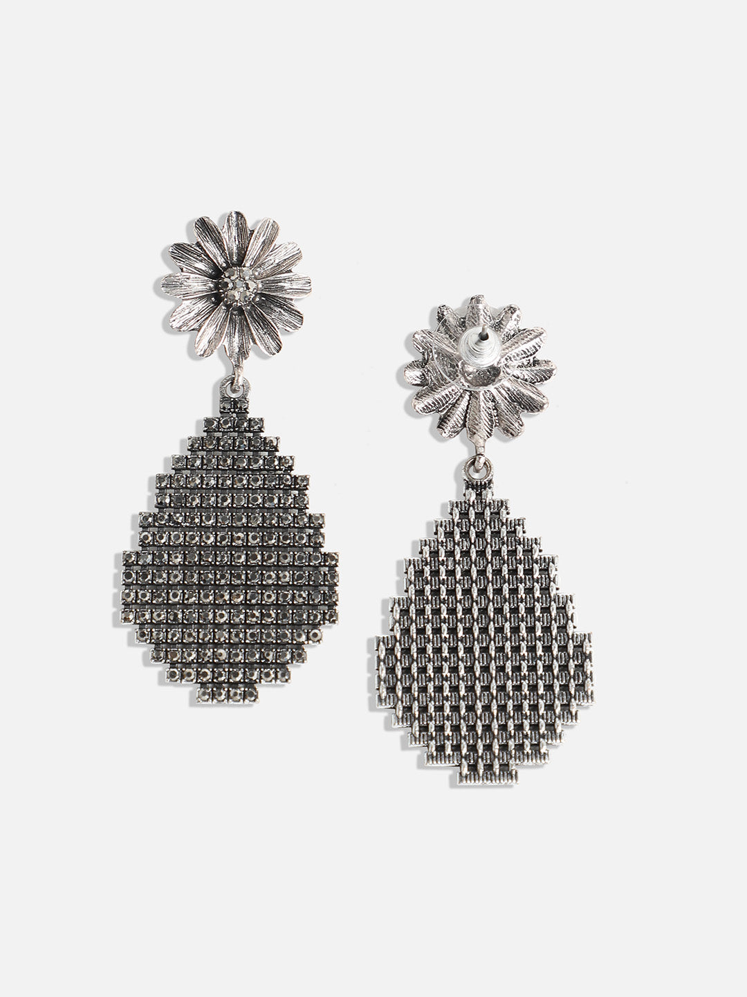 Silver-Plated Stone-Studded Teardrop-Shaped Drop Earrings