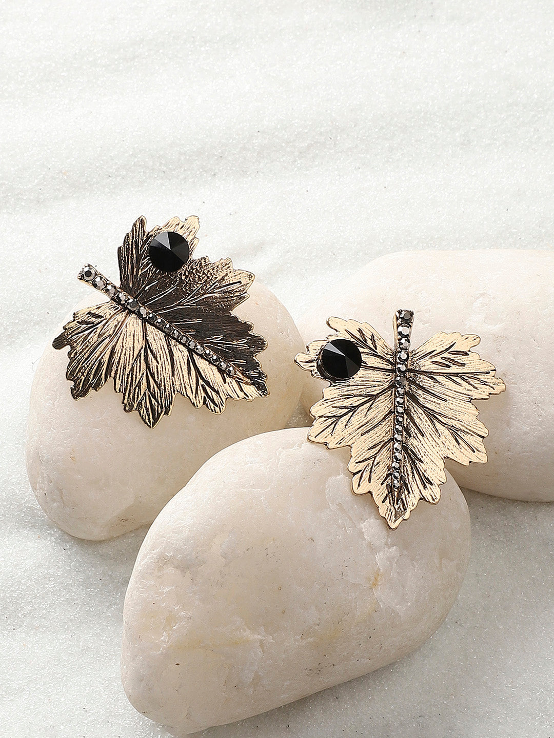 Gold-Plated Stone Studded Leaf Shaped Stud Earrings