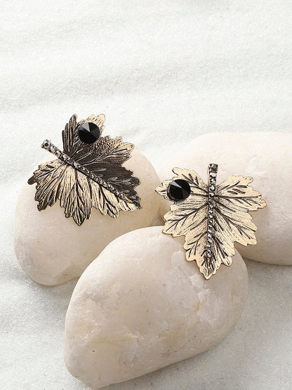 Gold-Plated Stone Studded Leaf Shaped Stud Earrings
