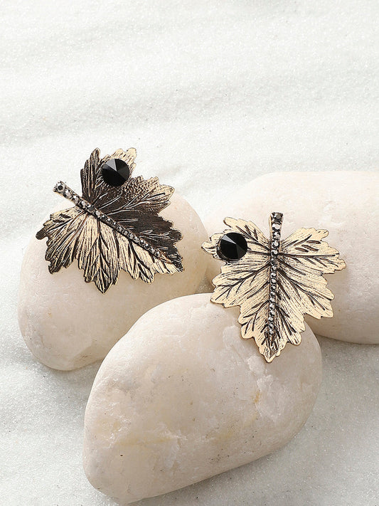 Gold-Plated Stone Studded Leaf Shaped Stud Earrings