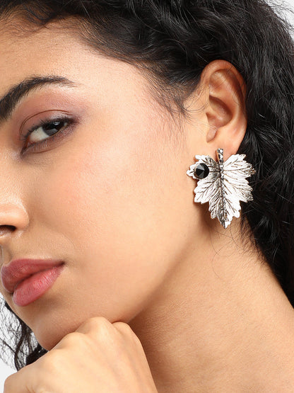 Gold-Plated Stone Studded Leaf Shaped Stud Earrings