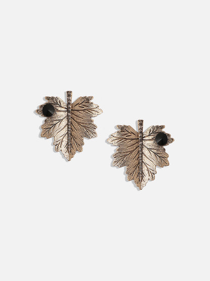 Gold-Plated Stone Studded Leaf Shaped Stud Earrings