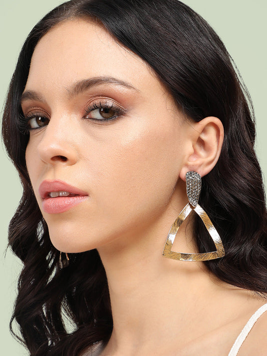 Gold-Plated Stone Studded Geometric Shaped Drop Earrings
