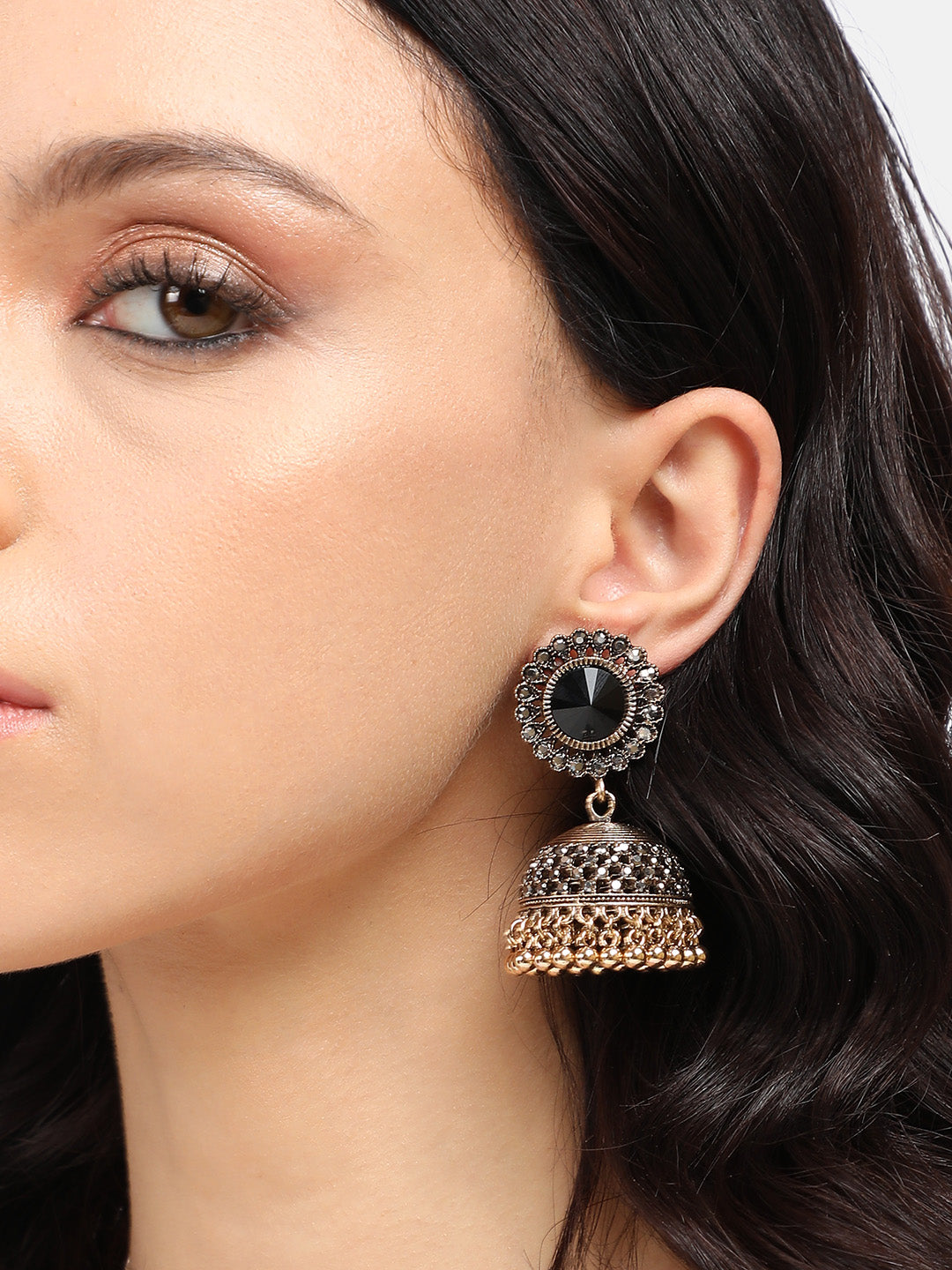 Gold-Plated Artificial Stones Contemporary Jhumkas