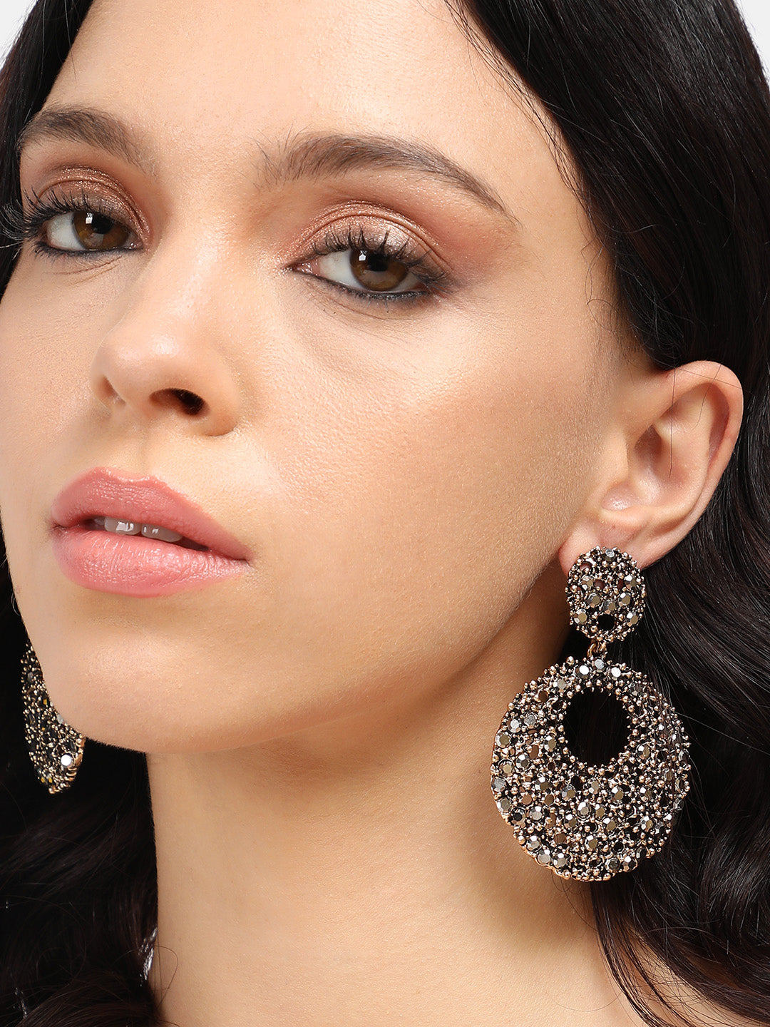 Gold-Plated Stone-Studded Circular Drop Earrings