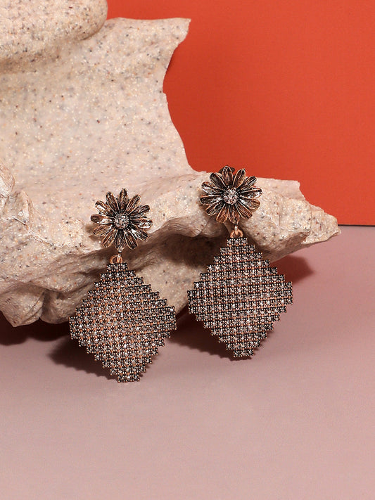 Gold-Plated Stone-Studded Contemporary Drop Earrings