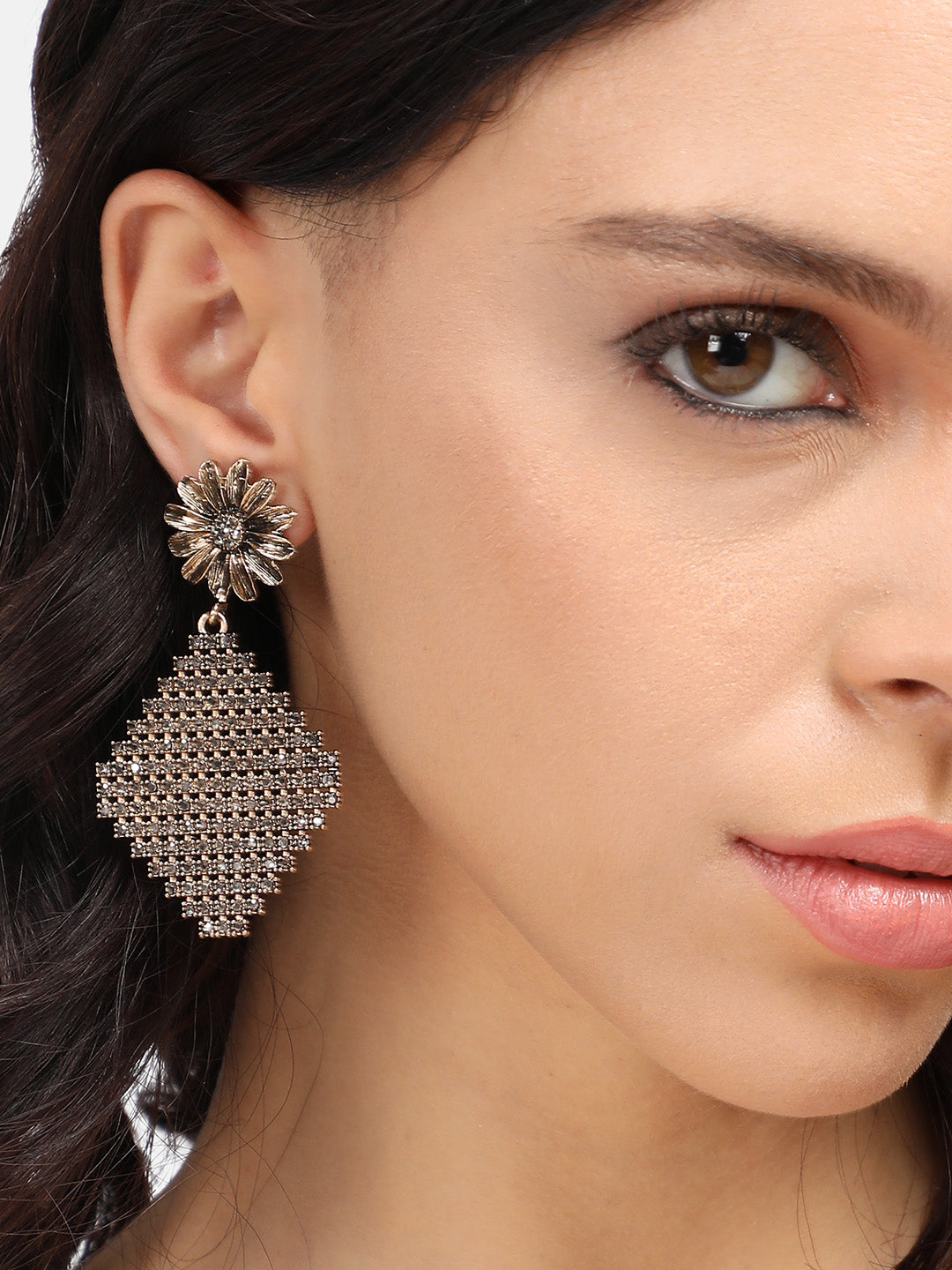 Gold-Plated Stone-Studded Contemporary Drop Earrings