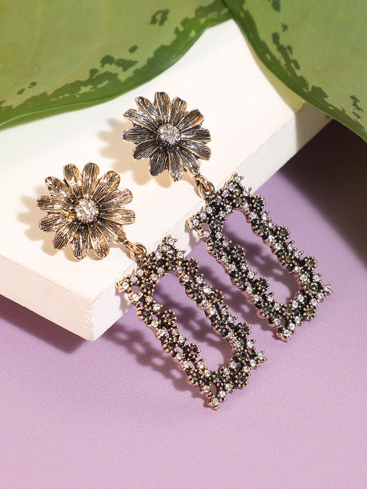 Gold-Plated Artificial Stones Studded Geometric Drop Earrings Earrings