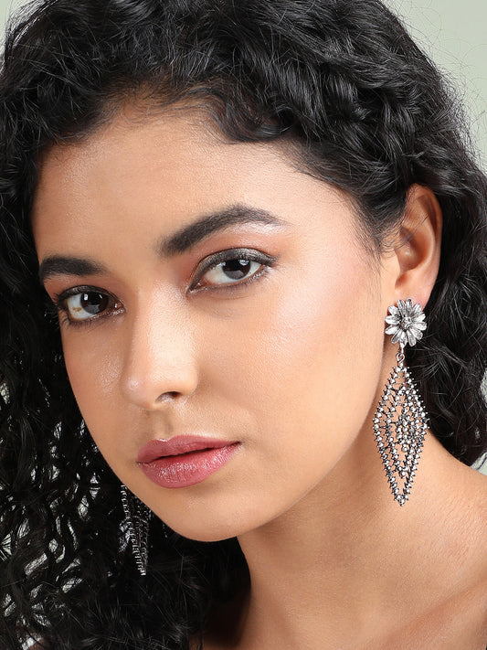Silver-Plated Stone-Studded Contemporary Drop Earrings
