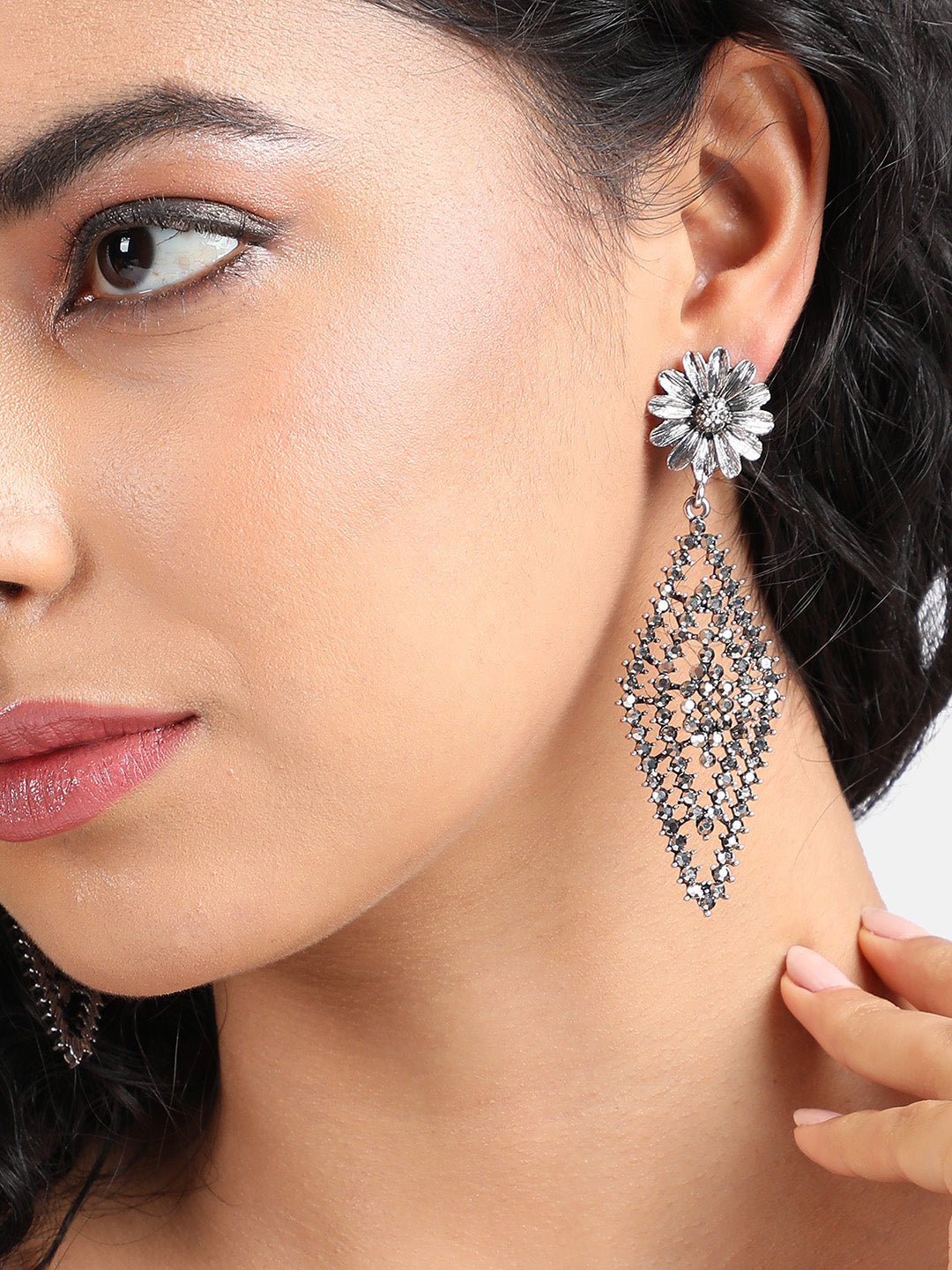 Silver-Plated Stone-Studded Contemporary Drop Earrings