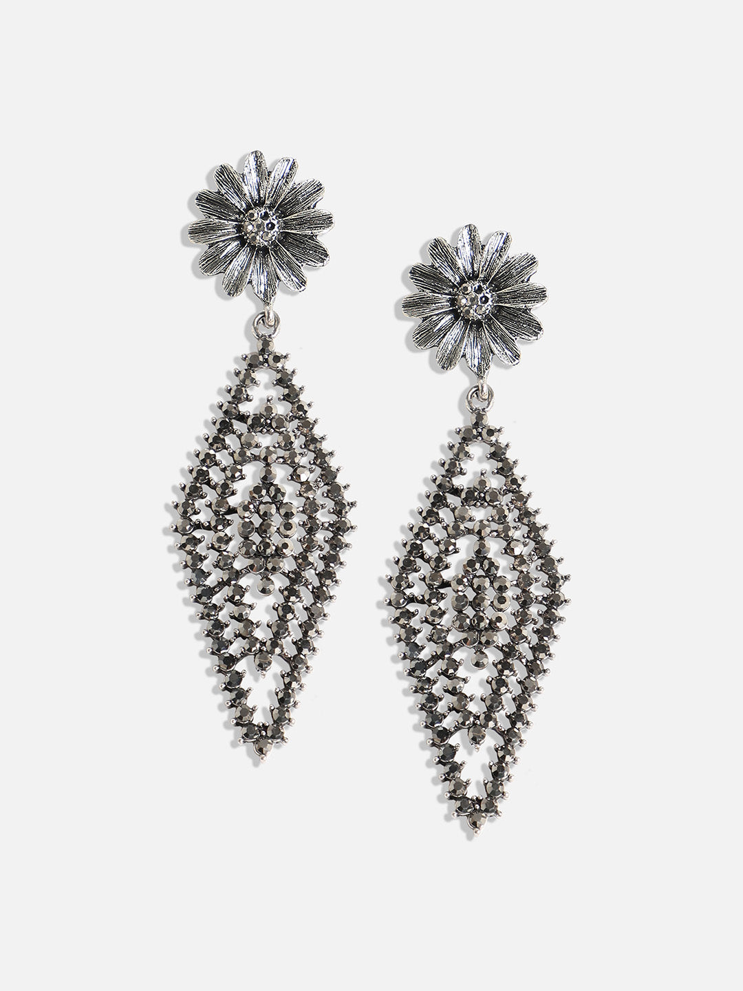 Silver-Plated Stone-Studded Contemporary Drop Earrings
