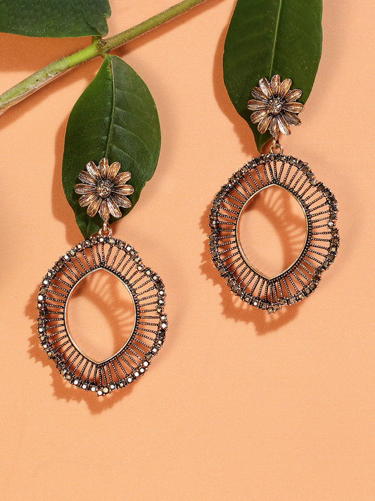 Gold-Plated Stone-Studded Contemporary Drop Earrings