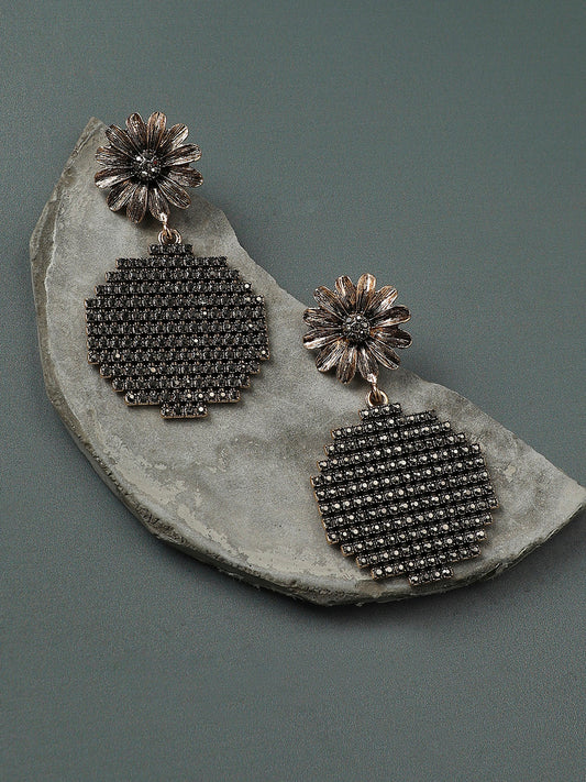 Gold-Plated Stone-Studded Floral Circular Drop Earrings